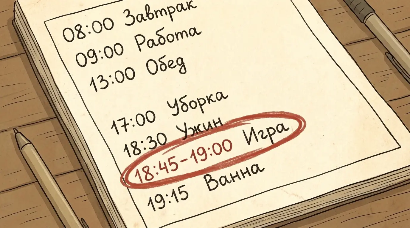 Расписание дня с выделенными пятнадцатью минутами на игру